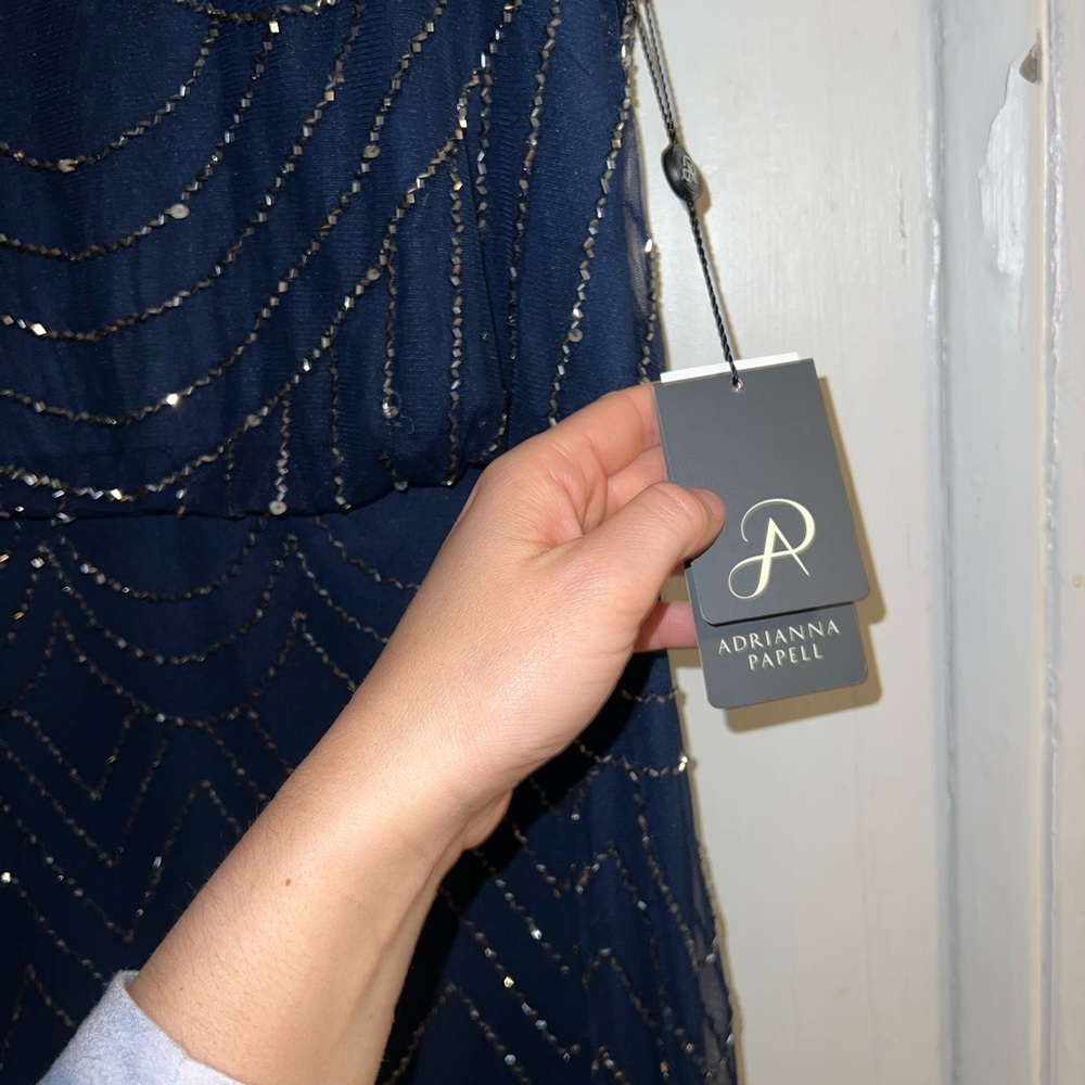 Adrianna Papell Navy Gold Beaded Gown - Picture 7 of 10
